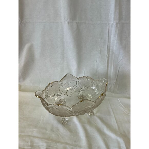 Vintage Clear Glass Bowl With Gold Trim & Etched Floral Design - Picture 2 of 3